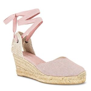 Soludos Pink Linen Espadrille Wedge Sandals Lace Up Ankle Tie Summer Vacation